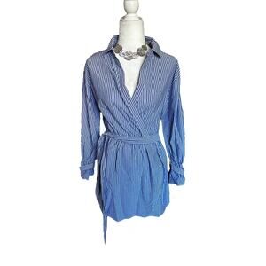 Express Blue & White Pinstripe Faux Wrap Shirt Dress